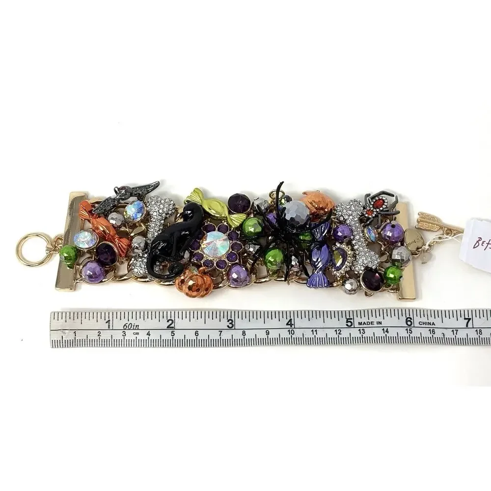 Betsey Johnson Halloween Toggle Bracelet Black Cat Spider Bat Candy Charms Wide